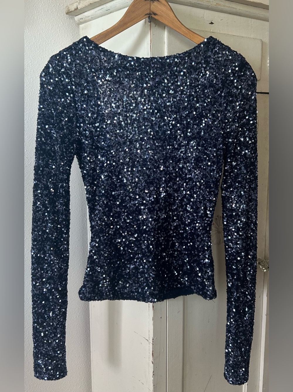 Free People | Women's Navy Blue Leading The Way Sequin Long-Sleeve Top Size XS - Picture 6 of 16